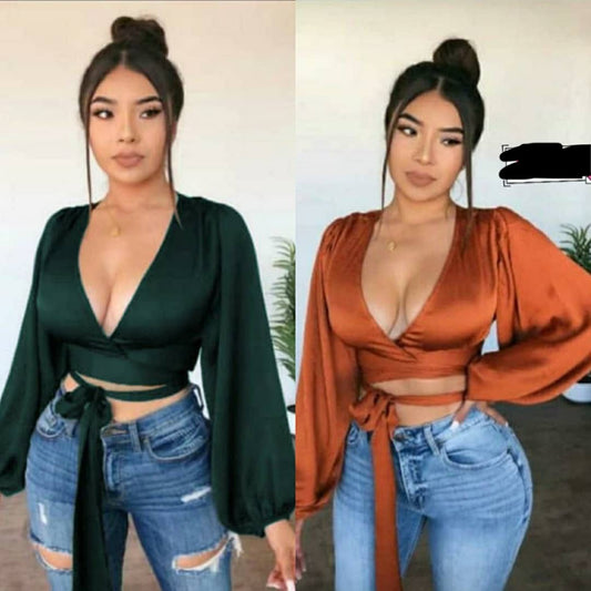 Lace-Up Satin Long Sleeve Shirt