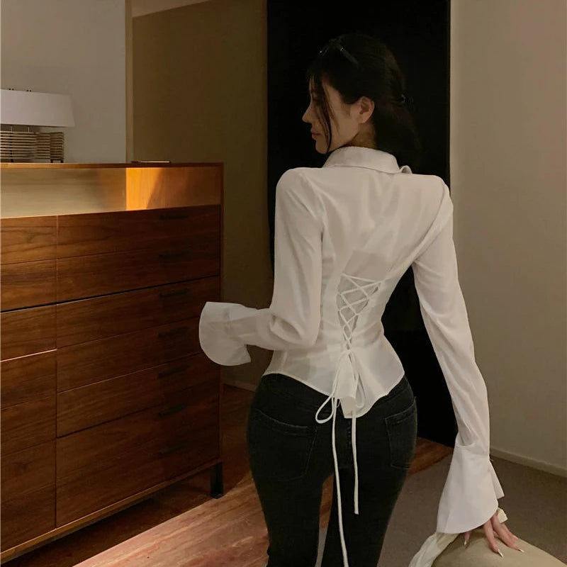 Lace Up Long Bell Sleeved Blouse