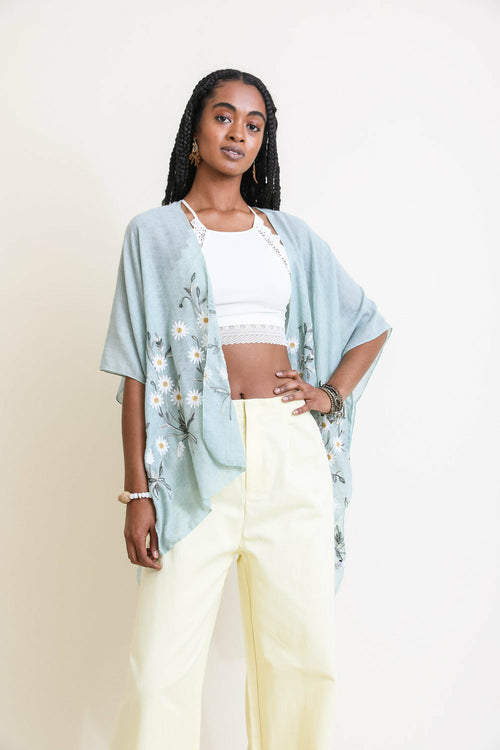 Embroidered Daisy Linen Kimono