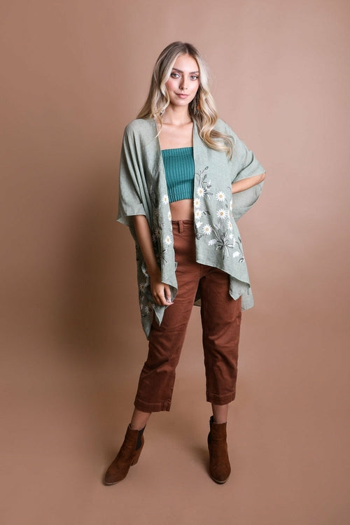 Embroidered Daisy Linen Kimono