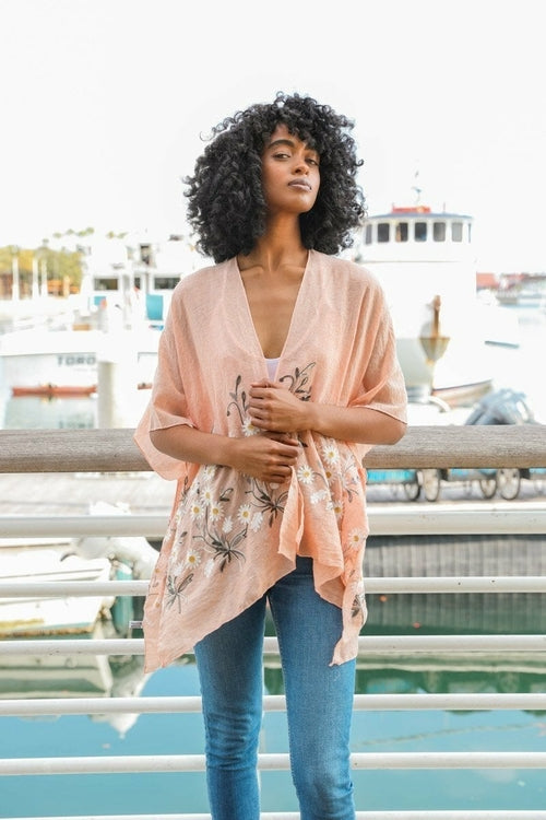 Embroidered Daisy Linen Kimono